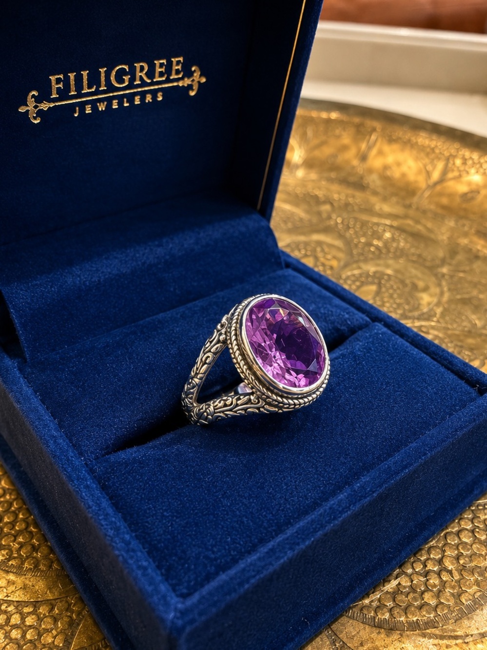 Vintage Sterling Silver 925 Amethyst Statement Ring Size 7.75 Ornate Filigree